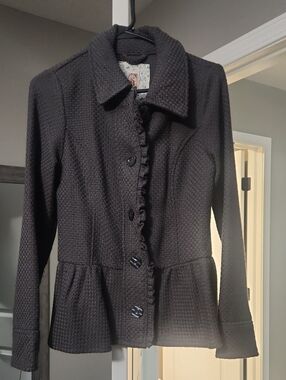 Decree Textured Peplum Blazer with Ruffled Button Placket